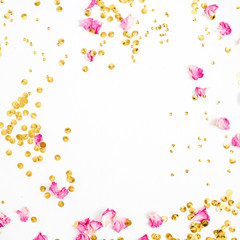 Mock up frame made of pink rose petals and golden confetti on white background. Flat lay, top view.