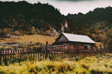 Fototapeta na wymiar True tilt-shift view of old wooden rustic home in mountains settings with fence in foreground and forest on flank of hill in defocused background, autumn day, Altai mountains in Kuyus district, Russia