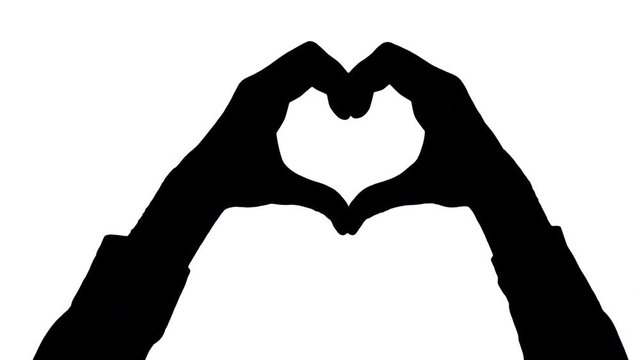 Moving male hands heart gesture/hand heart Black silhouettes of two male hands appear moving from the opposite sides of the frame meeting in the center forming a heart gesture against white background