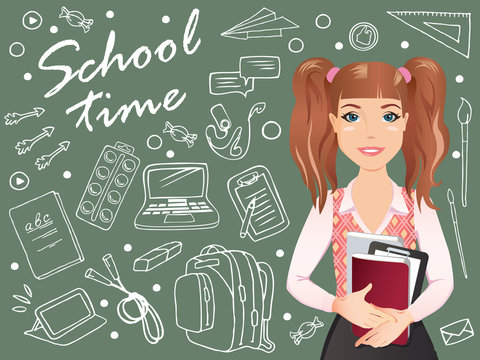 Smiling schoolgirl standing in front of a blackboard and holding notebooks and textbooks. School time. / Flat design, vector cartoon illustration.