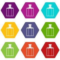 Bottle of female perfume icon set color hexahedron