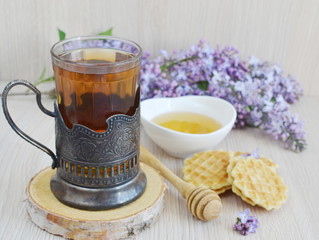 Hot Black Tea in the Glass Holder Waffles Strawberries Flowers Lilac Retro Vintage Vitamin Concept
