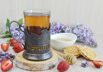 Hot Black Tea in the Glass Holder Waffles Strawberries Flowers Lilac Retro Vintage Vitamin Concept