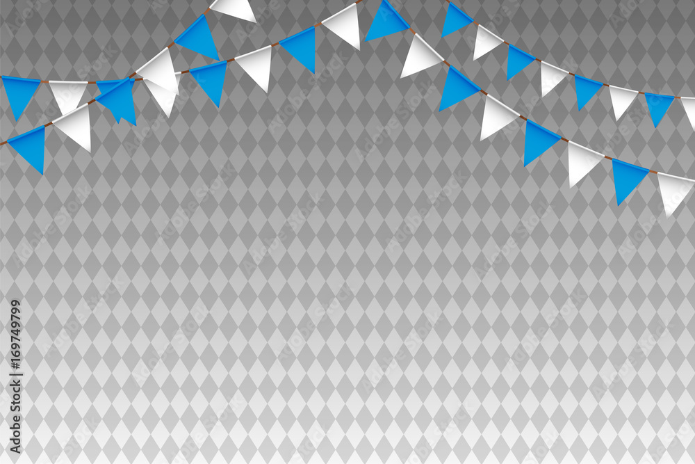 Wall mural Oktoberfest - blue and white bunting flags on traditional background. Vector.