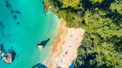 Aerial view on a small beach surrounded by rocks and forest. Coromandel, New Zealand