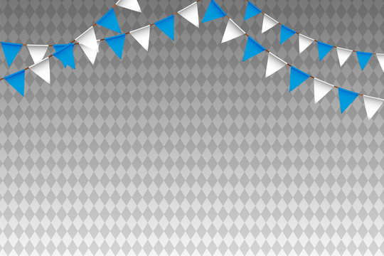 Oktoberfest - blue and white bunting flags on traditional background. Vector.
