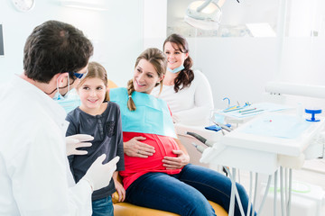 Obraz premium Dentist and his assistant with pregnant woman and child in surgery
