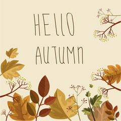 unusual fall leaves and herbs on yellow background with hello autumn text message. seasonal illustration autumn card 