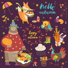 Set of cute autumn cartoon characters, plants and food