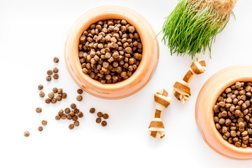 bowl full and overflowing with dry pet - dog food bits and toys on white background top view