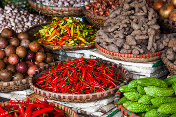 tropical spices and fruits sold at a Dong Xuan market in Hanoi (Vietnam)