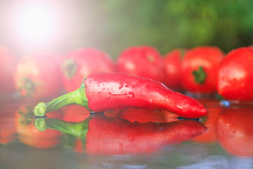 Burning pepper on the background of red tomatoes
