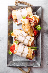 Fresh baguette sandwich bahn-mi styled. Bacon, roasted cheese, tomatoes and lettuce on metallic tray on white marble background.