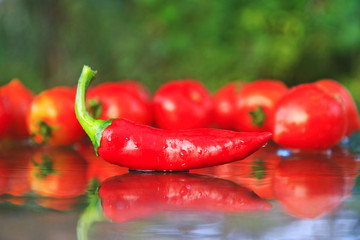 Sweet pepper on a table on the background of tomatoes