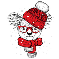 Obraz premium Fun koala in hat and scarf. Vector illustration for postcard or poster, print on clothes. New Year and Christmas, winter. Very cute cub.