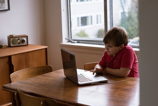 Boy using laptop while sitting at table