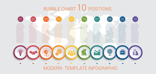 Charts infographic step by step 10 positions colorful bubbles