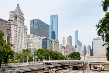 Fototapeta premium Chicago Downtown skyline with railroad yard under bridge.