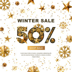 Winter sale 50 percent off, vector banner with 3d gold stars and snowflakes. Paper cut style 50% discount, golden white background. Layout for holiday poster, labels, flyers and shopping.