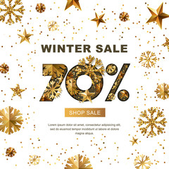Winter sale 70 percent off, vector banner with 3d gold stars and snowflakes. Paper cut style 70% discount, golden white background. Layout for holiday poster, labels, flyers and shopping.