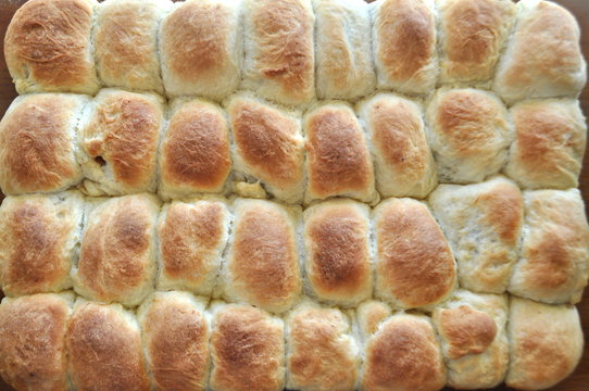  Baked sweet pastry - Pecene buchty - a dessert from central Europe - yeast dough filled with fruit jam
