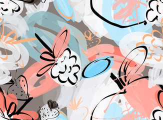 Doodles with grunge texture rough drawn apple and raspberries