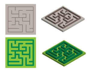 A simple square maze with one entrance, thin brown or thick green hedge walls, in isometric and top view, isolated vector on white background