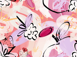 Doodles with grunge texture rough drawn apple and raspberries