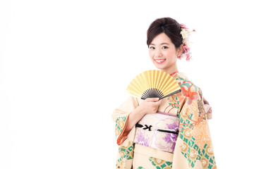 Fototapeta premium portrait of asian woman wearing japanese traditional kimono isolated on white background
