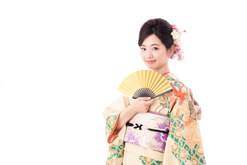 portrait of asian woman wearing japanese traditional kimono isolated on white background