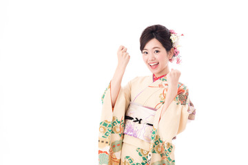 portrait of asian woman wearing japanese traditional kimono isolated on white background