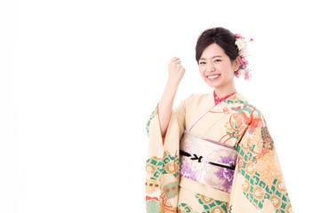 portrait of asian woman wearing japanese traditional kimono isolated on white background