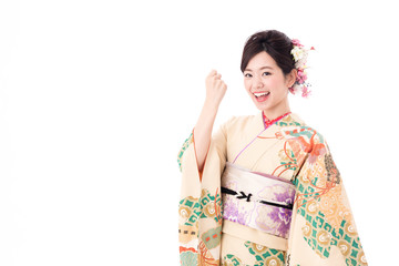 portrait of asian woman wearing japanese traditional kimono isolated on white background