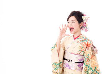 portrait of asian woman wearing japanese traditional kimono isolated on white background