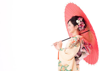 portrait of asian woman wearing japanese traditional kimono isolated on white background