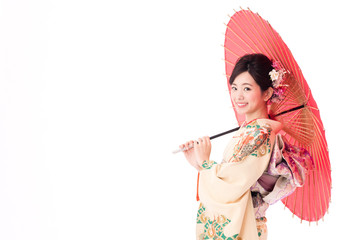 portrait of asian woman wearing japanese traditional kimono isolated on white background