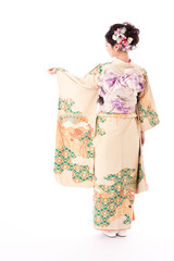 portrait of asian woman wearing japanese traditional kimono isolated on white background