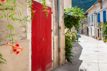 Fototapeta premium Authentic French town with narrow streets, colorful houses and atmospheric flowers.