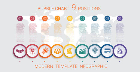 Fototapeta na wymiar Charts infographic step by step 9 positions colorful bubbles