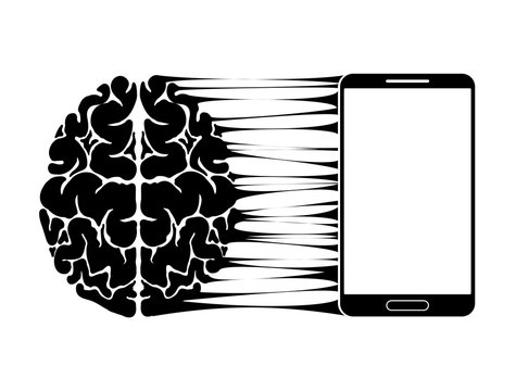 A conceptual sign or logo showing a person s dependence on a smartphone, gadget or the Internet. Strong communication of the brain and new technologies.