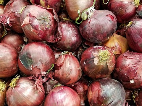 close up of red onions at the market