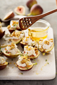 Fall appetizer with figs, feta cheese and walnuts