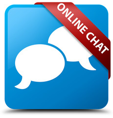 Online chat cyan blue square button red ribbon in corner