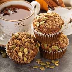 Healthy pumpkin muffins with tea and spices