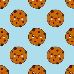 Seamless pattern with Chocolate Cookie isolated on blue background. Can use for birthday card, packaging, textiles, fabrics, wallpaper. Flat design Vector Illustration