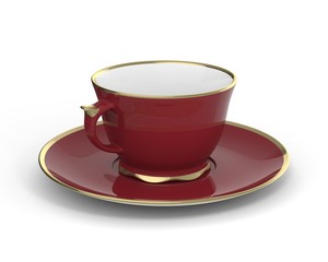 Isolated antique porcelain cup with gold on white background. 3D Illustration.