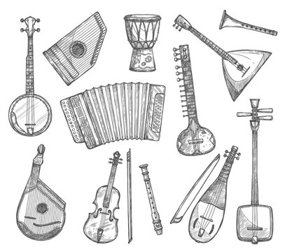Vector sketch icons of musical instruments