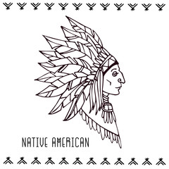 American indian in war bonnets. Linear vector illustration.