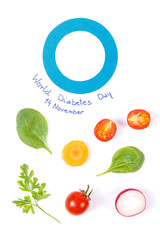 Blue circle as symbol of fighting diabetes and fresh vegetables, healthy nutrition concept