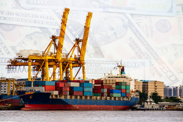 Logistics and transportation. Shipping port and container cargo ship loading by crane. Dollar cash background. Double Exposure